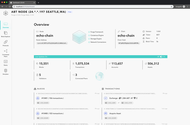 Blockchain Dashboard included with the ArcBlock SDK for developers and customers