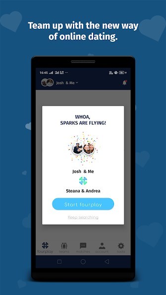 The free app enables users to form "dating teams" with single friends, to browse, match, and go out with other duos