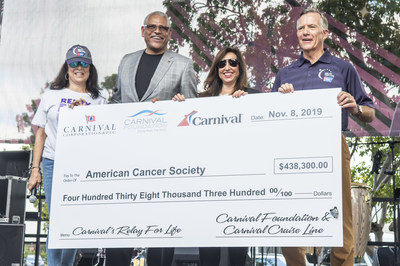 At Carnival Foundation’s Relay For Life for the American Cancer Society, Linda Coll (left), executive director of Carnival Foundation; Arnold Donald, president and CEO of Carnival Corp.; and Christine Duffy, president of Carnival Cruise Line; presented a check for $438,300 raised to date to Gary Reedy (right), CEO of American Cancer Society. The six-hour event brought that figure to more than $500,000, making Carnival's total donation over $1 million.&#xA;&#xA;CREDIT: Carnival Foundation