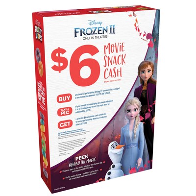 For a limited time, when families purchase three specially marked movie snack cash Kellogg's cereal boxes, they'll receive a $6 movie snack cash reward to redeem in theaters.