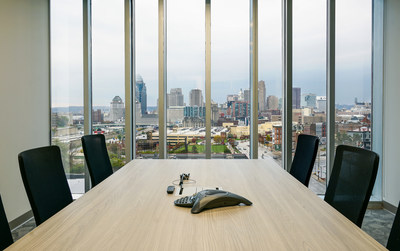 The BLS|Revecore Service Delivery & Innovation Center Board Room with a View of the Cincinnati Skyline