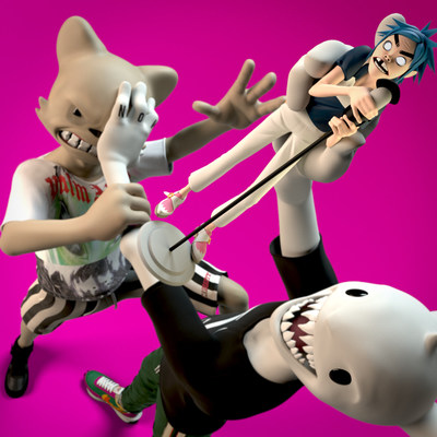 Superplastic synthetic celebrities Janky and Guggimon fighting over newly released limited edition Gorillaz 2D vinyl toy.