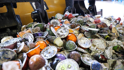 Nespresso coffee capsules, which are made from aluminum and are fully recyclable, being processed at Sims Municipal Recycling (SMR). Starting on America Recycles Day, Nespresso, SMR, and the New York City Department of Sanitation encourage New Yorkers to recycle their used coffee capsules and other small, lightweight aluminum items through the City's curbside program, as they do plastic, glass, and other materials.