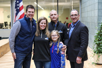 Folds of Honor visits Grainger's headquarters, Wednesday, Nov. 13, in Lake Forest, Ill. to accept a $100,000 donation that will directly fund 20 scholarships in the amount of $5,000 each to qualified, incoming college freshman who are pursuing degrees in engineering and technology. Pictured (left to right): Ben Leslie, EVP, Folds of Honor; scholarship recipient family Sami Anderson, Skyler Anderson and Army Sergeant Garret Anderson; Joe Boveri, a military Veteran representative from Grainger.
