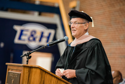 Atlanta, Ga. and Netherlands Businessman John van Vlissingen pledges $5 million to Emory & Henry College in rural Southwest Virginia to support a transformation Career and Professional Development Center to support the region and economic growth. Seen here at May 2019 commencement in Emory, Va. accepting Honorary Doctorate.