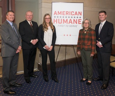 Capitol Hill focus on humane farming (L to R): Drew Frey, director of live operations, Culver Duck Farms, Inc.; Mel Coleman, vice president, Coleman Natural; Jessica Langley, director of sustainability at Pilgrim's; Alice Johnson, DVM, senior vice president for animal well-being at Butterball LLC; and American Humane COO Jack Hubbard.AAR