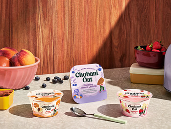 Chobani® Oat Blend cups are available in four purposeful pairings of elevated and familiar flavors including Strawberry Vanilla and Blueberry Pomegranate. Chobani® Oat Blend with Crunch are available in Strawberry Granola Crunch, Blueberry Almond Crumble, and Peach Coconut Crunch.