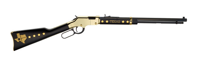 The Henry Texas Tribute Edition rifle features a deep black stain on the wood stocks and inlaid metal stars.