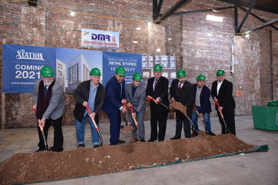 West New York Mayor Gabriel Rodriguez (third from the left), Senator Bob Menendez (fifth from left) and Glenn LaMattina (sixth from the left) of NRIA were joined by stakeholders for the ceremonial ground breaking at The Station today.