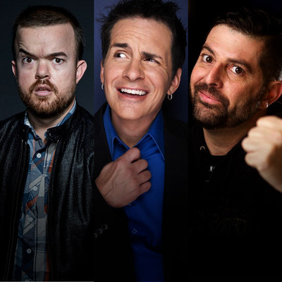 Comedy Bombcast launches on LiveXLive with (l-r) Brad Williams, Hal Sparks, and Sam Tripoli.