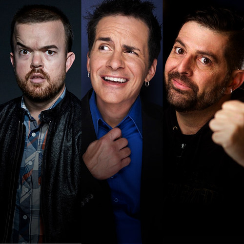 Comedy Bombcast launches on LiveXLive with (l-r) Brad Williams, Hal Sparks, and Sam Tripoli.