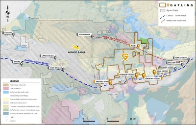 Figure 1. Larder Gold project location map showing deposits and prospects with regional gold trends. (CNW Group/Gatling Exploration Inc.)