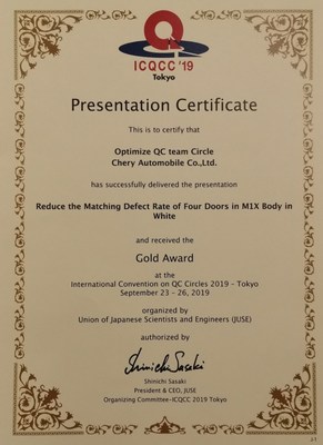 Chery wins the Gold Award in the 44th International Convention on QC Circles 2019 – Tokyo