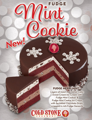 The new Fudge Merri-mint™ ice cream cake featuring layers of moist Red Velvet Cake, Sweet Cream Ice Cream with Fudge Mint Cookies and Fudge Mint Cookie Ice Cream with Sprinkled Chocolate Drops wrapped in a rich Fudge Ganache.