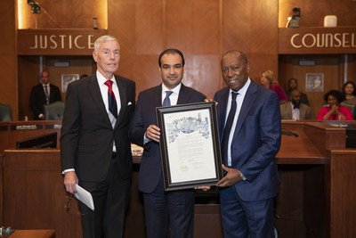 Houston Mayor Sylvester Turner (right) proclaimed November 19, 2019 as “Qatar Day in Houston” in appreciation to the State of Qatar for its support after Hurricane Harvey in 2017. The $30 million Qatar Harvey Fund supports long-term recovery in southeast Texas through education, housing and community development. Accepting the proclamation is The Honorable Rashid Al Dehaimi (center), Consul General of Qatar’s Houston Consulate. Council Member Jack Christie (left) requested the proclamation.