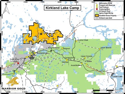 Map 1. Location Map – Goodfish-Kirana Property, Kirkland Lake Area, Ontario (CNW Group/Warrior Gold Inc.)