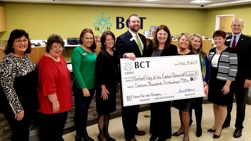 BCTCares For The Hungry initiative announced by Alice Frazier, President & CEO of BCT-Bank of Charles Town. (Pictured, L-R) Dianne Waldron, Program Manager-Berkeley County Meals on Wheels; Beverly Ryan, President-Jefferson County Meals on Wheels; Monica Husson, President-Berkeley County Backpack Program; Alice Frazier; Aaron Howell, SVP-BCT; Penny Porter, CEO-United Way of the Eastern Panhandle; Leslie Crabill, SVP-BCT Wealth Advisors; Leah Day, VP-BCT; Kristie Hadley, VP-BCT; and Matt Stickel, VP-BCT.