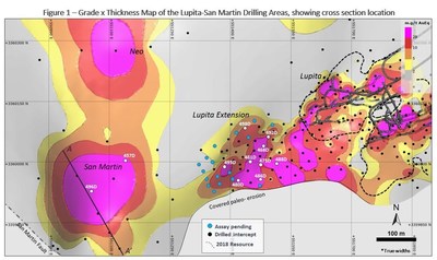 Figure 1 – Grade x Thickness Map of the Lupita-San Martin Drilling Areas, showing cross section location (CNW Group/Premier Gold Mines Limited)