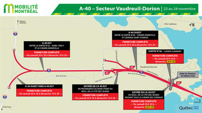 Fermetures A40 secteur Vaudreuil-Dorion, fin de semaine du 22 novembre (Groupe CNW/Ministre des Transports)