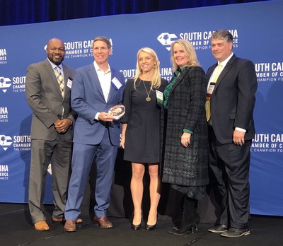 (L-R): Sidney Evering (SC Chamber Diversity & Inclusion Committee representative), Ted Pitts (CEO, SC Chamber), Liz Lohr, (Director, HR Recruiting, Benefitfocus), Lou Kennedy (outgoing Chair, SC Chamber), Steve Spinks (incoming Chair, SC Chamber), at the Chamber’s Annual Summit, at Wild Dunes Resort on Isle of Palms, as the Chamber presented Benefitfocus with the 2019 Excellence in Workplace Diversity Award in the Medium-Large Employer Category. *Photo courtesy South Carolina Chamber of Commer