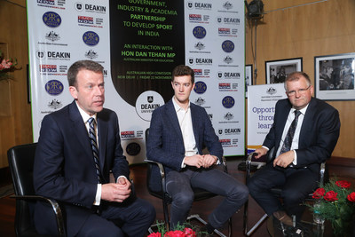 Australian Education Minister Dan Tehan MP alongside Rajasthan Royals’ COO Jake Lush McCrum and Deakin’s Vice-Chancellor Professor Iain Martin discussing the importance of government, industry and academic partnership to develop sport in India.