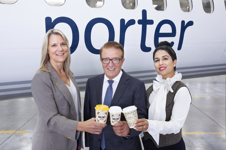 From left to right: Diana Olsen, Robert Deluce, and Hoda Paripoush, the respective founders of Balzac's Coffee Roasters, Porter Airlines and Sloane Fine Tea Merchants, celebrate Porter's new selection of hot beverages. (CNW Group/Porter Airlines)