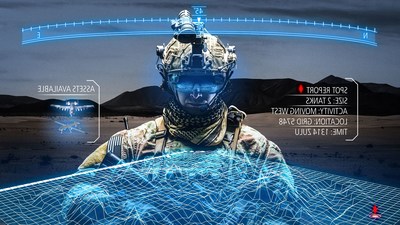 Raytheon photo illustration of the Synthetic Training Environment. The Synthetic Training Environment Squad and Soldier Virtual Trainer uses virtual reality to train squads of soldiers in multiple scenarios while using real and virtual weapons.