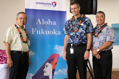 Pictured L to R at HNL: Koichi Ito, Japan Consul General; Peter Ingram, President and CEO of Hawaiian Airlines; Ross Higashi, Deputy Director of Hawaii Dept. of Transportation.