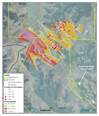 Figure 1 – Plan view of Medgold’s 2019 drill holes at Karamanica relative to geochemical and geophysical targets. (CNW Group/Medgold Resources Corp.)