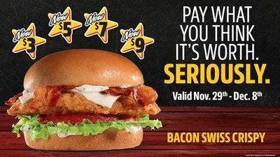 Carl's Jr. Canada celebrates its new, buttermilk-dipped, Hand-Breaded Bacon Swiss Crispy Chicken Fillet Sandwich by inviting Canadian Black Friday shoppers to 