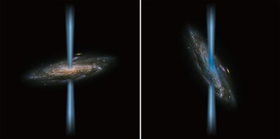 Artist’s concept of a jet from an active black hole that is perpendicular to the host galaxy (left) compared to a jet that is launching directly into the galaxy (right) illustrated over an image of a spiral galaxy from the Hubble Space Telescope. SOFIA found a strange black hole with jets that are irradiating the host galaxy, called HE 1353-1917. The galaxy has 10 times more ionized carbon than its stars could produce. The gas, illustrated in blue in the right image, is concentrated near the galaxy’s center, which indicates that the intense radiation from the black hole’s jet is the source of the excess gas. This contradicts the long-held assumption that ionized carbon is a good indicator of newborn stars, and forces scientists to re-evaluate the effect black holes have on galaxies. (Credit: ESA/Hubble&NASA and NASA/SOFIA/L. Proudfit)