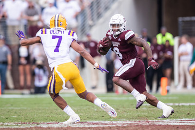 Mississippi State star running back Kylin Hill has won the fan voting portion of the 2019 C Spire Conerly Trophy, awarded annually to the top college football player in Mississippi. Above, Hill in action earlier this season against No. 1 LSU - photo courtesy of Mississippi State Athletic Department