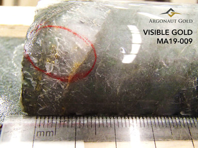 Figure 7: Visible Gold shown on drillhole MA19-009 (CNW Group/Argonaut Gold Inc.)