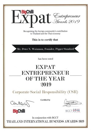 Equator Pure Nature CEO Peter Wainman Named "Expat Entrepreneur of the Year for Corporate Social Responsibility" in Thailand in 2019