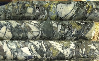 Figure 2: Typical gold-silver-copper-lead-zinc breccia mineralisation: sericite-silica-tourmaline altered clasts of quartzite and siltstone set in a chalcopyrite-pyrite-sphalerite-quartz-tourmaline matrix. (CNW Group/Turmalina Metals Corp.)