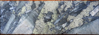 Figure 4: Typical breccia mineralisation: angular silica-tourmaline altered siltstone clasts supported in a pyrite- chalcopyrite-tourmaline-quartz matrix. The breccia matrix at San Francisco is sulphide-rich, with 60-90% sulphides by volume. SFDH-002, 108m. From a 1m sample that averaged 3.5 g/t gold, 36 g/t silver and 1.1% copper. (CNW Group/Turmalina Metals Corp.)