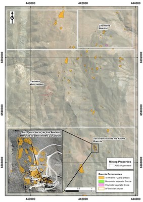 Figure 6: San Francisco tenements with main breccia locations. To date over 60 tourmaline breccias have been mapped in the project area, with large areas of the project area still to be covered by the current mapping and sampling program. Drilling at San Francisco de Los Andes has focused on the south-east corner of a composite breccia body. (CNW Group/Turmalina Metals Corp.)