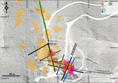 Figure 7: Plan map of Turmalina drill holes at San Francisco de Los Andes breccia pipe. The breccia remains open to the north and west. (CNW Group/Turmalina Metals Corp.)
