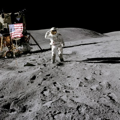 April 21, 1972 - Astronaut Charles M. Duke Jr., Apollo 16 lunar module pilot, salutes the United States flag during the mission's first extravehicular activity.