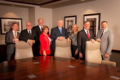 Texas Tech Foundation officials stand with new board members, from left, Chairman Donald R. Sinclair, Tim Lancaster, Clay C. Cash, Lea Wright, Dennis Kruse, Christi D. Quinn, Randall E. Morris and CEO Patrick Kramer. (Artie Limmer/Texas Tech University System)