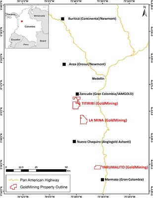 Figure 1: Yarumalito Project location and other active exploration projects and mines in the Mid Cauca Belt of central Colombia. (CNW Group/GoldMining Inc.)