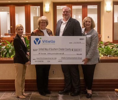 Attending the presentation of a special gift are, from left: Nadine Green, Chief Operating Officer, Vitiello Communications Group (VTLO); Carrie H. Freeman, Chief Executive Officer, United Way of Southern Chester County; Brian S. Keefer, Director, New Accounts, VTLO; and Jill Vitiello, Chief Executive Officer, VTLO.