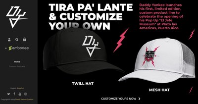 Daddy Yankee's online Custom Shop enables his fans to customize two styles of hats in a wide variety of colors, logos, hashtags, their initials, and even the artist’s autograph. Embodee’s visualization technology delivers in real-time previews of any design combination so fans can be sure their choices express their sense of style.