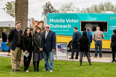 Clean Elections and Pinal County aim to reach younger voters and rural voters with this first ever mobile voter truck that can be a polling place, register people to vote and more. (Left to right: Tom Collins, Clean Elections Executive Director; Gina Roberts, Clean Elections Voter Education Director; Virginia Ross, Pinal County Recorder; Mike Goodman, Chairman, Pinal County Board of Supervisors)