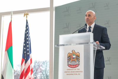 Ambassador Yousef Al Otaiba addresses guests at the United States Institute of Peace in Washington, DC during UAE's 48th National Day Reception.