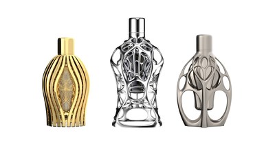 F1 fragrance collection limited edition luxury art-pieces 3D printed design by Ross Lovegrove from left to right AGILE EMBRACE, COMPACT SUSPENSION and FLUID SYMMETRY
