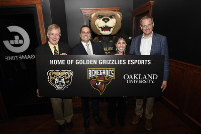 From left, Greg Jordan, Director of Campus Recreation and Well Being, Chris Roumayeh, co-owner of Team Renegades, Ora Hirsch Pescovitz, President of Oakland University and Steve Waterfield, Director of Athletics at Oakland University announce Michigan's first Division I varsity esports team.