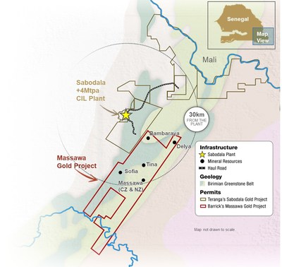 Figure 1 – Map of Teranga's Sabodala Gold Mine and Barrick's Massawa Gold Project (Senegal, West Africa) (CNW Group/Teranga Gold Corporation)