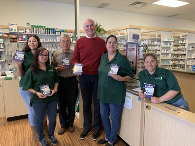 Local pharmacist, Tom Lovett (Third from right) and Cliff Han, the inventor of AllerPop are happy to join hand to serve the local allergy sufferer with AllerPops. From left to right in the picture, Ashley Zubia, Liz Maestas, Cliff Han, Tom Lovett, Daniela Perez, and Melissa Roybal.