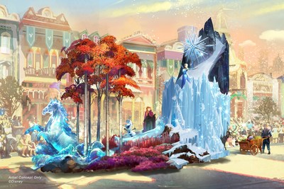 Set to debut Feb. 28, 2020, at Disneyland Park in California, the new “Magic Happens” parade will come to life with an energetic musical score, stunning floats, beautiful costumes, and beloved Disney characters. Depicted in this image, from Walt Disney Animation Studios’ “Frozen 2,” Anna and Elsa explore the mysteries of an enchanted forest protected by Nokk, the mystical water spirit, as their friends Kristoff,  Sven and Olaf tag along. (Disney)